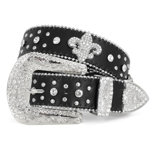 WERFORU Strass Nietengürtel für Männer Frauen, Western Ledergürtel für Cowgirl Cowboy Vintage Bling Gürtel für Hosen Kleid von WERFORU