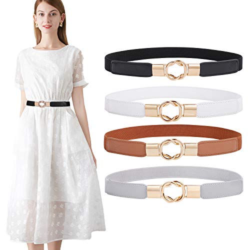 WERFORU 4 Stücke Dünne Gürtel Damen Elastische Taillengürtel Dehnbarer Kleid Gürtel mit Goldene Schnalle Schwarz/Braun/Weiß/Grau von WERFORU