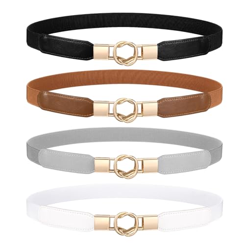 WERFORU 4 Stücke Dünne Gürtel Damen Elastische Taillengürtel Dehnbarer Kleid Gürtel mit Goldene Schnalle Schwarz/Braun/Weiß/Grau von WERFORU