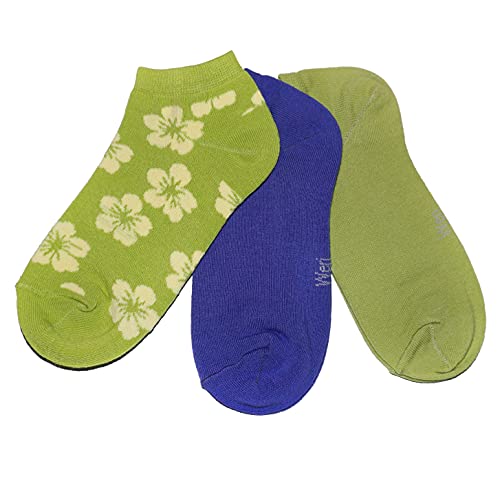 Weri Spezials Damen Sneaker Socken für Damen Baumwolle in 3er Pack Sets mehrere Blumen Design und Uni Glatt (39-42, Limes Grün Hawaii Blumen 3er) von Weri Spezials