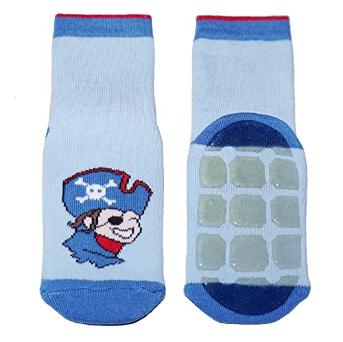 Weri Spezials Kinder Stoppersocken aus Baumwolle für Jungen und Mädchen Ferne Reise ABS Sohle Anti-Rutsch Frottee Haussocken (31-34, Mittelblau Pirat) von Weri Spezials