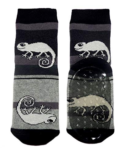 Weri Spezials Kinder Stoppersocken aus Baumwolle für Jungen und Mädchen mit Chamäleon Motiv ABS Sohle Anti-Rutsch Frottee Haussocken (27-30, Schwarz) von Weri Spezials