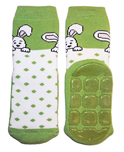 WERI SPEZIALS Kinder Stoppersocken für Mädchen und Jungen ABS Sohle Anti-Rutsch Frottee Haussocken Baumwolle mit netten Hasen und Pünktchen Designs (23-26, Grün Hase Pünktchen) von Weri Spezials