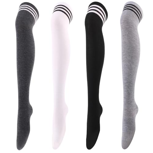WERIGONI 4 Paar Kniestrümpfe Overknees Strümpfe Damen Oberschenkelhohe Socken Lange Gestreifte Socken Warme Thigh Highs Kniestrümpfe Gestreifte Overkneestrümpfe von WERIGONI