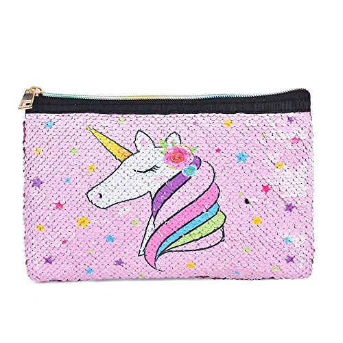 Einhorn Kosmetiktaschen – Kulturbeutel Mäppchen für Mädchen Kulturtasche Wende Pailletten Rosa wasserdichte Schminktasche Beauty Case Make-up Tasche von WERNNSAI