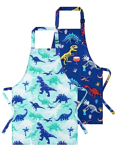 WERNNSAI Kinderschürze - 2 Stück Dinosaurier Kinder Schürzen Malschürze Kinder Verstellbare Nackenriemen für Mädchen Wasserdicht Kochschürze mit Tasche Kochen Backen Malen Basteln Gartenarbeit von WERNNSAI