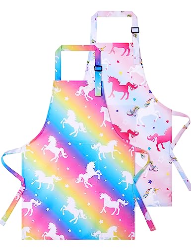 WERNNSAI Kinderschürze - 2 Stück Einhorn Kinder Schürzen Malschürze Kinder Verstellbare Nackenriemen für Mädchen Wasserdicht Kochschürze mit Tasche Kochen Backen Malen Basteln Gartenarbeit von WERNNSAI