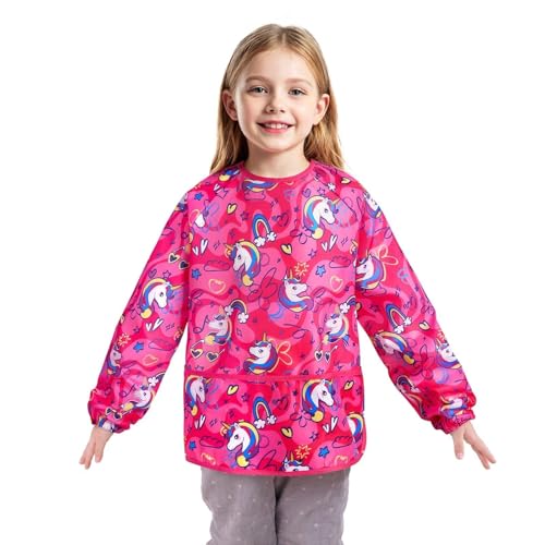 WERNNSAI Malschürze Kinder - Einhorn Kinderschürze für Mädchen im Alter Wasserdichte Kleinkinder Kunstkittel Malerei Malkittel Kinder mit Langen Ärmeln und 3 Taschen von 3–8 Jahren von WERNNSAI