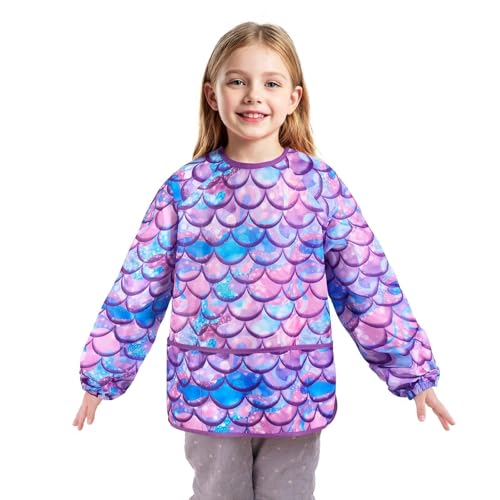 WERNNSAI Malschürze Kinder - Meerjungfrau Kinderschürze für Mädchen im Alter Wasserdichte Kleinkinder Kunstkittel Malerei Malkittel Kinder mit Langen Ärmeln und 3 Taschen von 3–8 Jahren von WERNNSAI