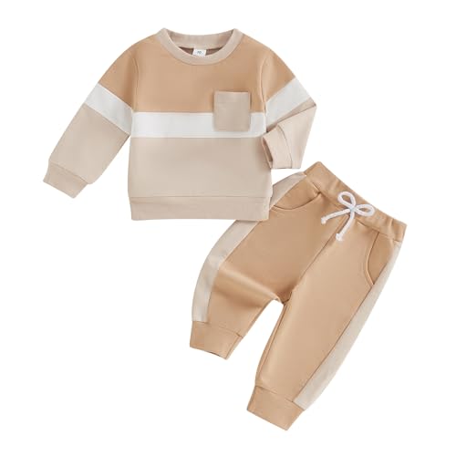 WERNZATT-2PCS Baby Jungen Mädchen Kleidung Sets Langarm-Sweatshirt Elastische Taille Hosen Farbblockierung Kinderkleidung (Khaki, 3-4T) von WERNZATT