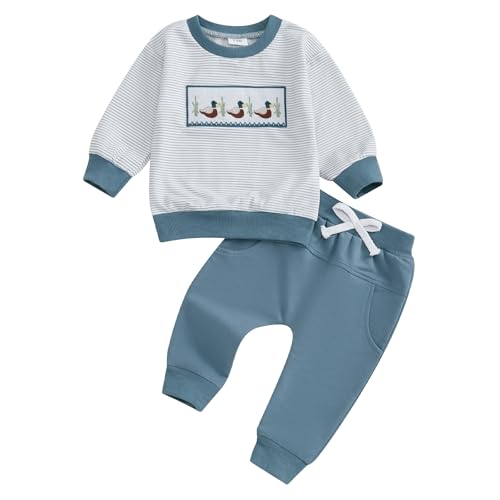 WERNZATT-2PCS Kleinkind Baby Jungen Herbst Kleidung Langarm Ente Stickerei Pullover Sweatshirt Und Hose Outfit Set (Blue 3, 6-12 Months) von WERNZATT