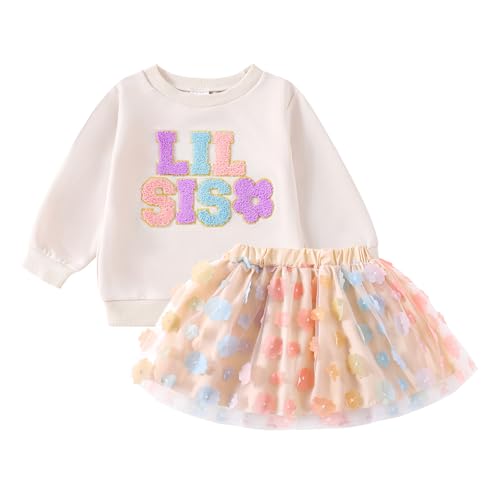 WERNZATT-2PCS Sister Matching Clothes Outfit Mädchen Rock Set Langarm Stickerei Buchstaben Sweatshirt Blume Tulle Rock (Khaki Little Sister, 6-12 Months) von WERNZATT