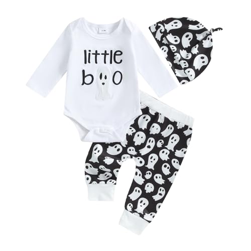 WERNZATT-3PCS Baby Boy Halloween Outfits Set Letter Ghost Print Langarm Strampler Lange Hosen Hut Baby Outfits (White, 3-6 Months) von WERNZATT