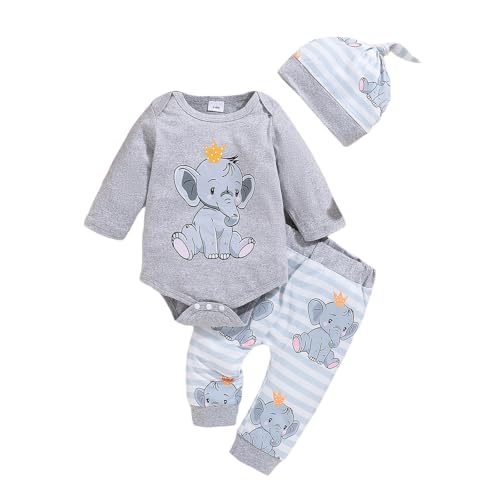 WERNZATT-3PCS Baby Herbst Outfits Langarm Elefant Druck Strampler Hosen Hut Set Kleinkind Kleidung Baby Outfits (Gray, 6-9 Months) von WERNZATT