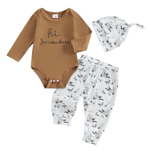 WERNZATT-Baby Boy Anzug Langarm Rundhalsausschnitt Brief Stickerei Bodysuit Duck Print Hosen Hut Anzug Baby Herbst Anzug (Brown, Newborn) von WERNZATT