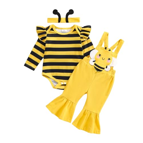 WERNZATT-Baby Mädchen 3-Pieces Sets Gestreift Langarm Strampler Biene Patch Lange Flare Overall Haarband Outfits (Yellow, 12-18 Months) von WERNZATT