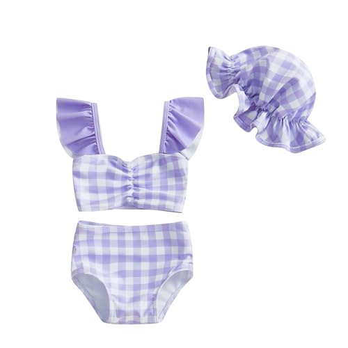 WERNZATT Baby Mädchen Badeanzug Blume Badeanzug Halter Dreieck Tops Ruffle Bottoms Sun Hat Bikini Set Infant Swimsuit (Purple 8, 6-12 Months) von WERNZATT