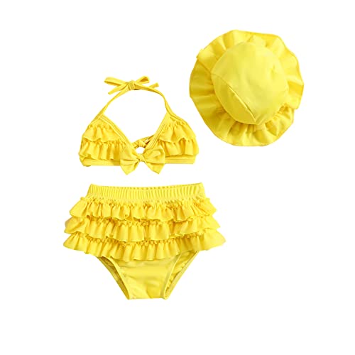 WERNZATT-Baby Mädchen Badeanzug Blume Badeanzug Halter Dreieck Tops Ruffle Bottoms Sun Hat Bikini Set Infant Swimsuit (Yellow 6, 6-12 Months) von WERNZATT