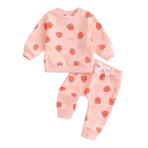 WERNZATT-Baby Mädchen Erdbeere Outfit, lange Ärmel Sweatshirt elastische Taille Hosen mit Taschen Set für Herbst (Pink, 6-12 Months) von WERNZATT