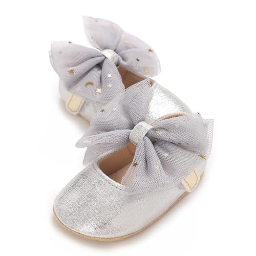 WERNZATT-Baby Mädchen Glitter Prinzessin Schuhe Stern Pailletten Tüll Bowknot Anti-Rutsch-Krippe Schuhe Baby Walking Schuhe (Silber, 0-6 Months) von WERNZATT