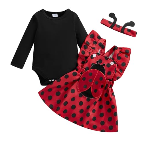 WERNZATT-Baby Mädchen Herbst Rock Sets Fliegende Ärmel Strampler Biene/Käfer Stickerei Hosenträger Kleid Stirnband Sets (Red, 6-9 Months) von WERNZATT