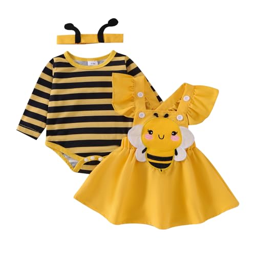 WERNZATT-Baby Mädchen Herbst Rock Sets Fliegende Ärmel Strampler Biene/Käfer Stickerei Hosenträger Kleid Stirnband Sets (Yellow, 9-12 Months) von WERNZATT
