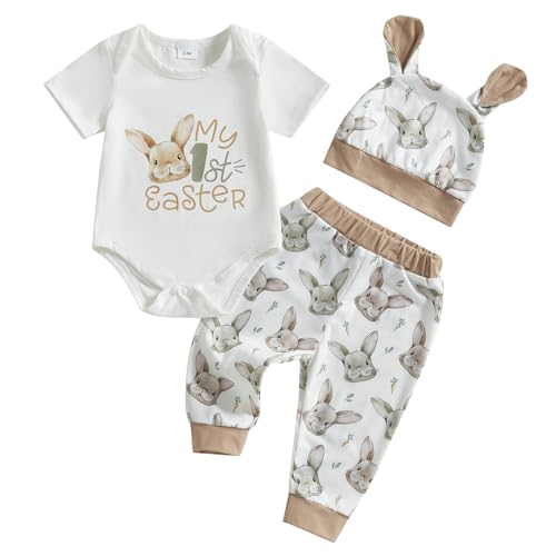 WERNZATT Baby Mädchen Junge Ostern Outfits Mein Erstes Ostern Kurze Ärmel Strampler Bunny Muster Lange Hose Hut Sommer Outfits 0-18M (Khaki, 6-9 Months) von WERNZATT
