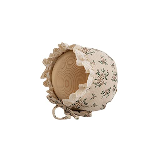 WERNZATT-Baby Mädchen Mütze Floral Print Öse Spitze Baumwolle Taufe Mütze Kleinkind Handmade Beanie Sonnenschutz Hut (Beige, One Size) von WERNZATT