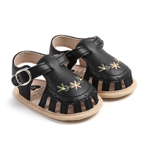 WERNZATT-Baby Mädchen Sandalen, PU Leder rutschfest Stickerei Blume Sommer Flats Kleinkind Schuhe für Casual Daily (Black, 0-6 Months) von WERNZATT