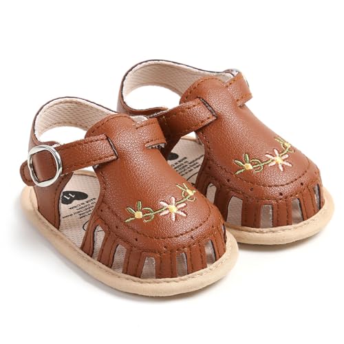 WERNZATT-Baby Mädchen Sandalen, PU Leder rutschfest Stickerei Blume Sommer Flats Kleinkind Schuhe für Casual Daily (Brown, 12-18 Months) von WERNZATT