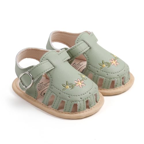 WERNZATT-Baby Mädchen Sandalen, PU Leder rutschfest Stickerei Blume Sommer Flats Kleinkind Schuhe für Casual Daily (Green, 0-6 Months) von WERNZATT