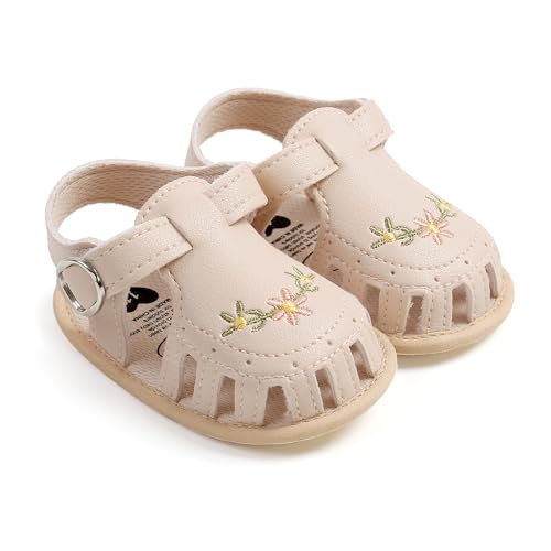 WERNZATT-Baby Mädchen Sandalen, PU Leder rutschfest Stickerei Blume Sommer Flats Kleinkind Schuhe für Casual Daily (Khaki, 0-6 Months) von WERNZATT
