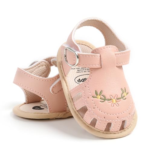 WERNZATT-Baby Mädchen Sandalen, PU Leder rutschfest Stickerei Blume Sommer Flats Kleinkind Schuhe für Casual Daily (Pink, 0-6 Months) von WERNZATT