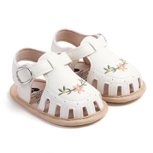 WERNZATT-Baby Mädchen Sandalen, PU Leder rutschfest Stickerei Blume Sommer Flats Kleinkind Schuhe für Casual Daily (White, 12-18 Months) von WERNZATT