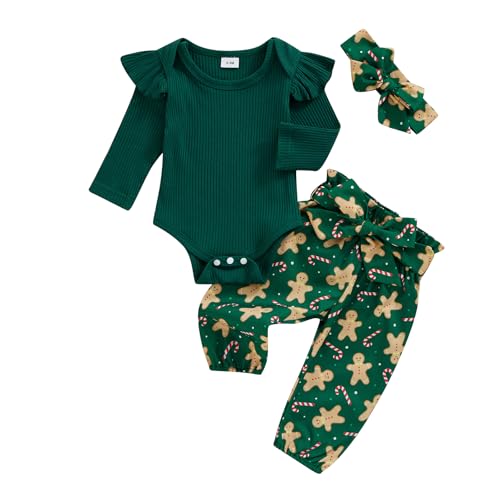 WERNZATT-Baby Mädchen Weihnachten Outfit Langarm Strampler Gürtel Lebkuchen Mann Print Hosen Stirnband 0-18M Baby Kleidung (Green, 3-6 Months) von WERNZATT