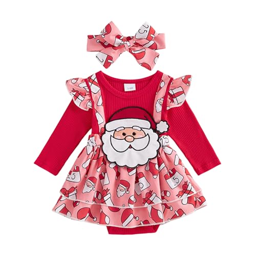 WERNZATT-Baby Mädchen Weihnachten Outfits Langarm Santa Lebkuchen Strampler Kleid Stirnband Set 0-18M Neugeborenen-Kleidung (Red, 0-3 Months) von WERNZATT