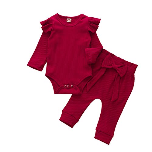 WERNZATT-Baby Mädchen gerippt Ruffle lange Ärmel Bodysuit Lounge Pants Neugeborenen Bodysuit Sommer Kleidung (Red, 18-24 Months) von WERNZATT