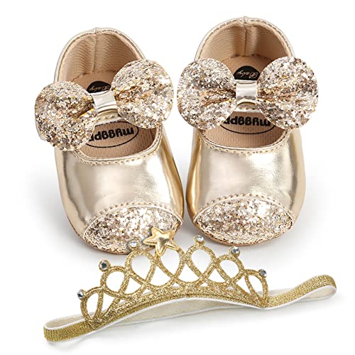 WERNZATT-Baby Prinzessin Schuhe Pailletten Bowknot Flachen Boden rutschfest Walking Schuhe Kleid Schuhe für 1-2 Jahre Babys (Goldene Schuhe Stirnband Set, 0-6 Months) von WERNZATT
