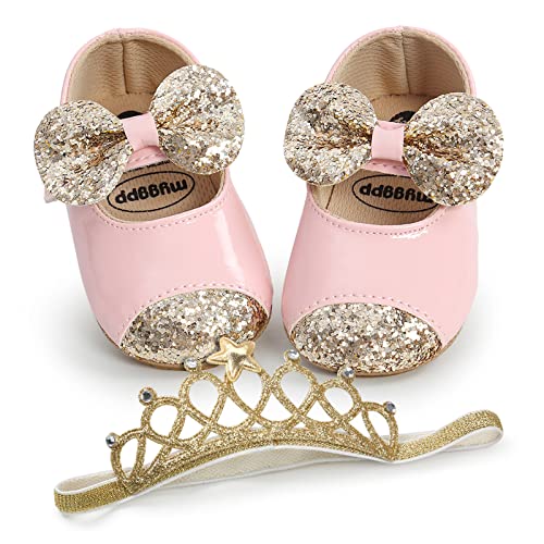 WERNZATT-Baby Prinzessin Schuhe Pailletten Bowknot Flachen Boden rutschfest Walking Schuhe Kleid Schuhe für 1-2 Jahre Babys (Rosa Schuhe Stirnband Set, 0-6 Months) von WERNZATT