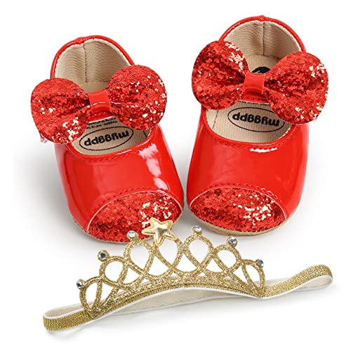 WERNZATT-Baby Prinzessin Schuhe Pailletten Bowknot Flachen Boden rutschfest Walking Schuhe Kleid Schuhe für 1-2 Jahre Babys (Rote Schuhe Stirnband Set, 0-6 Months) von WERNZATT