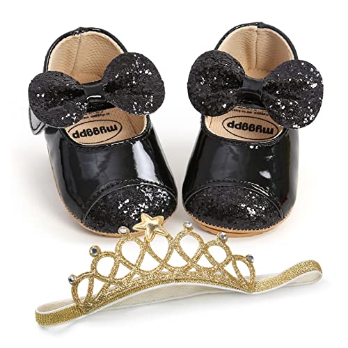 WERNZATT-Baby Prinzessin Schuhe Pailletten Bowknot Flachen Boden rutschfest Walking Schuhe Kleid Schuhe für 1-2 Jahre Babys (Schwarzes Stirnband-Set, 0-6 Months) von WERNZATT