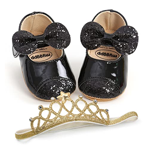 WERNZATT-Baby Prinzessin Schuhe Pailletten Bowknot Flachen Boden rutschfest Walking Schuhe Kleid Schuhe für 1-2 Jahre Babys (Schwarzes Stirnband-Set, 12-18 Months) von WERNZATT