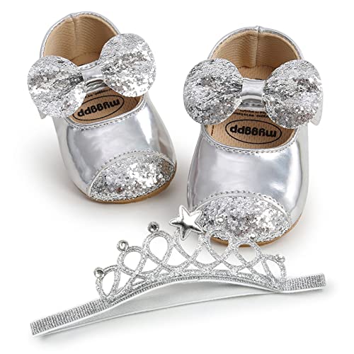 WERNZATT-Baby Prinzessin Schuhe Pailletten Bowknot Flachen Boden rutschfest Walking Schuhe Kleid Schuhe für 1-2 Jahre Babys (Silberne Schuhe Stirnband Set, 0-6 Months) von WERNZATT