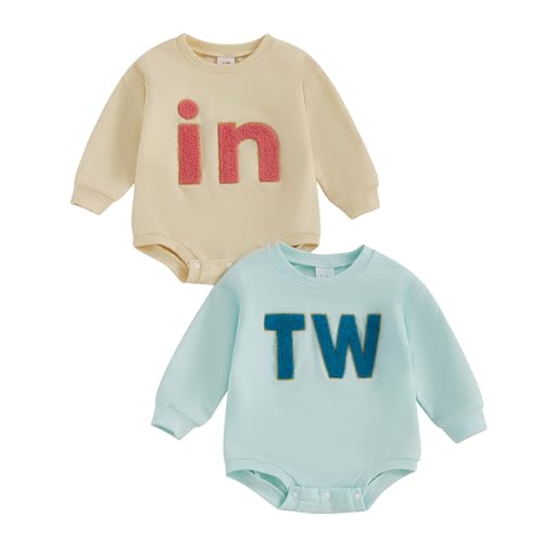 WERNZATT-Baby Zwillinge Matching Strampler Casual Letter Stickerei Langarm Overall Kleinkind Mädchen Junge Niedliche Kleidung (Beige, 3-6 Months) von WERNZATT