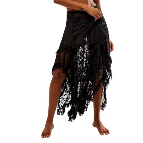 WERNZATT-Damen Midirock Spitze Elastisch Hohe Taille Rock Frühling Sommer Unregelmäßiger Saum Lässiger Rock (Schwarz, M) von WERNZATT
