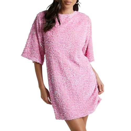 WERNZATT-Damen Paillettenkleid Lose Glitzer Rundhalsausschnitt Kurzarm geteilt Rücken Party Club Mini T Shirt Kleider (Rosa, L) von WERNZATT