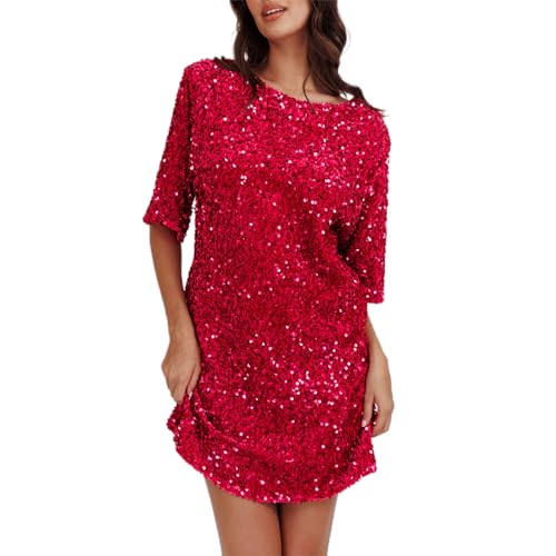 WERNZATT-Damen Paillettenkleid Lose Glitzer Rundhalsausschnitt Kurzarm geteilt Rücken Party Club Mini T Shirt Kleider (Rot, XL) von WERNZATT