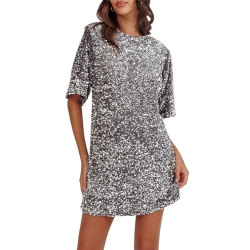 WERNZATT-Damen Paillettenkleid Lose Glitzer Rundhalsausschnitt Kurzarm geteilt Rücken Party Club Mini T Shirt Kleider (Silber, S) von WERNZATT