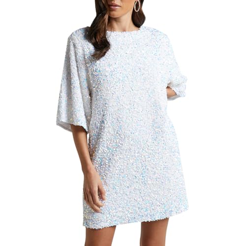 WERNZATT-Damen Paillettenkleid Lose Glitzer Rundhalsausschnitt Kurzarm geteilt Rücken Party Club Mini T Shirt Kleider (Weiß, M) von WERNZATT