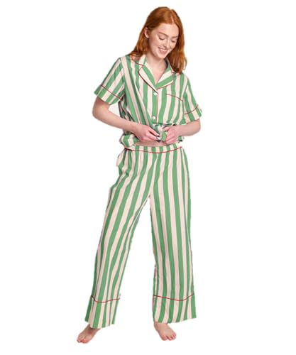 WERNZATT-Damen Schlafanzug Zweiteiliges Set Kurzärmelig Gestreift Bedruckt Brusttasche Hemd Hose Set Pyjamas Homewear (Grün, S) von WERNZATT